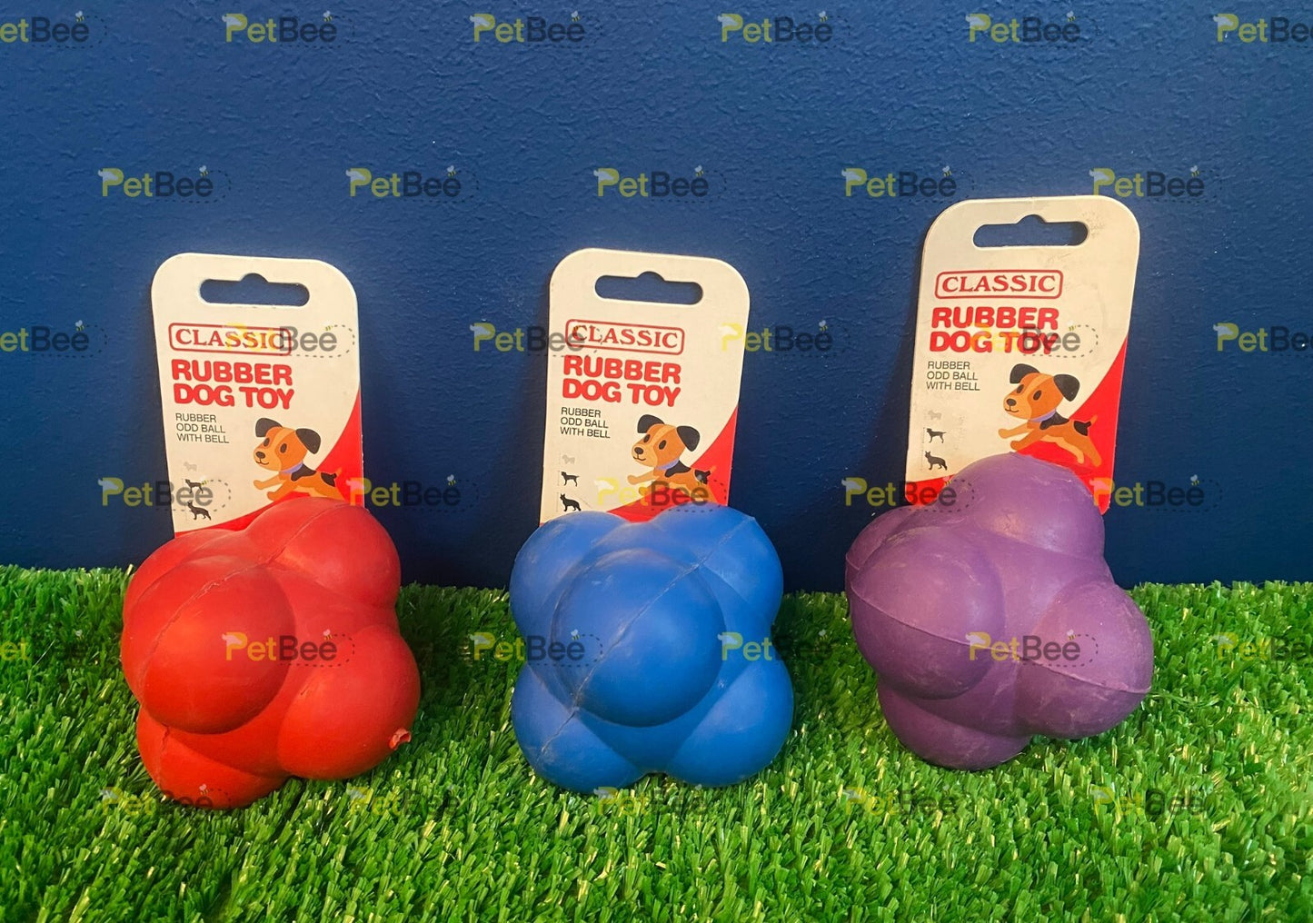Classic Odd Ball Rubber Fetch Dog Toy - 95mm with Bell - Blue / Purple / Red