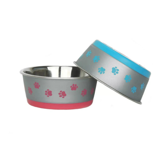 Classic Stainless Steel Bowl Blue or Pink Paws Hybrid Bowl