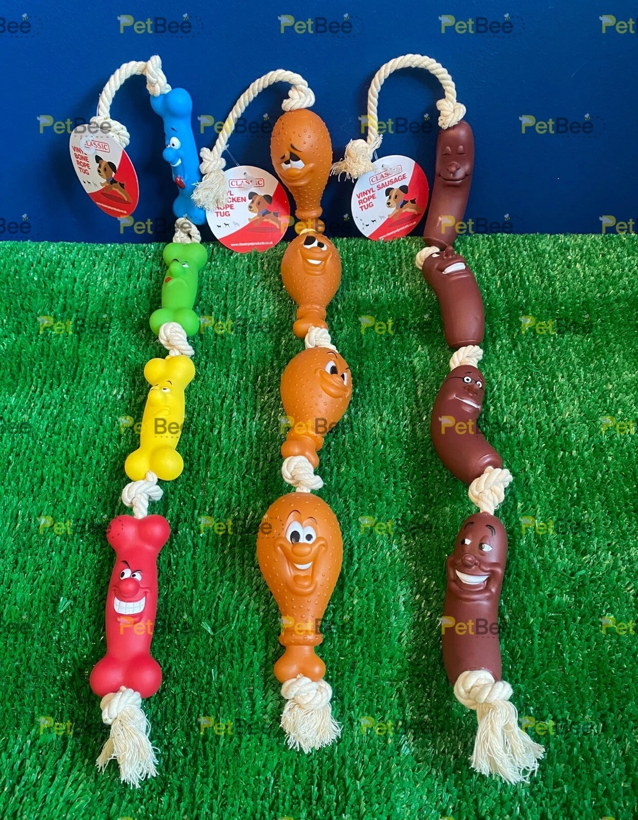 Classic Vinyl Rope Tug Toy 27" - 32" - Sausage / Chicken / Bones